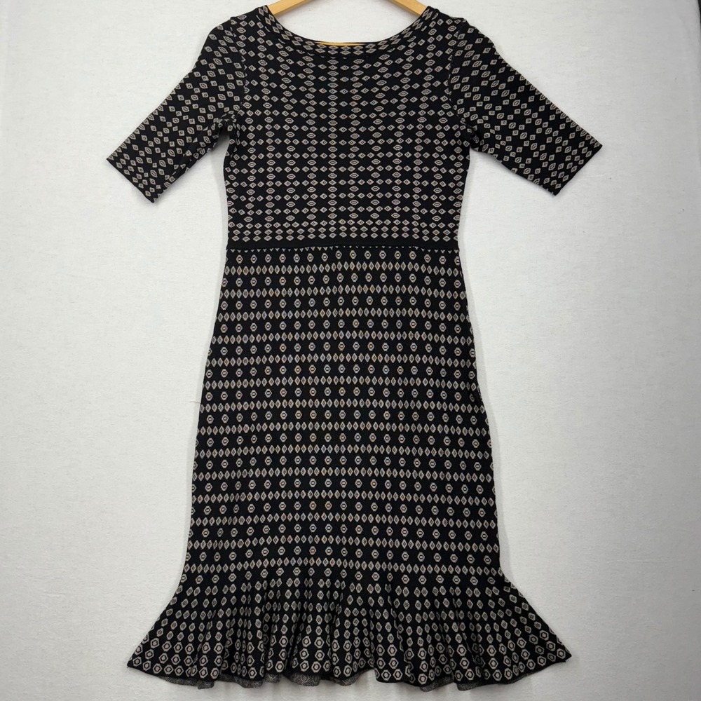 Taylor Women's Black/White Geometric Fit Flare Knit Ruffle Sweater Dress  S